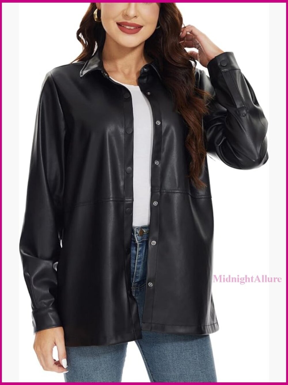 Faux Leather Shacket Moto Biker Jacket Loose Fit Long Sleeve Button Blazer